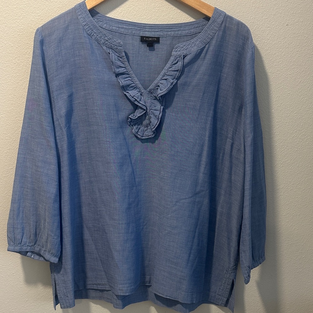 Talbots Chambray Blue Ruffle V-Neck Women's Top